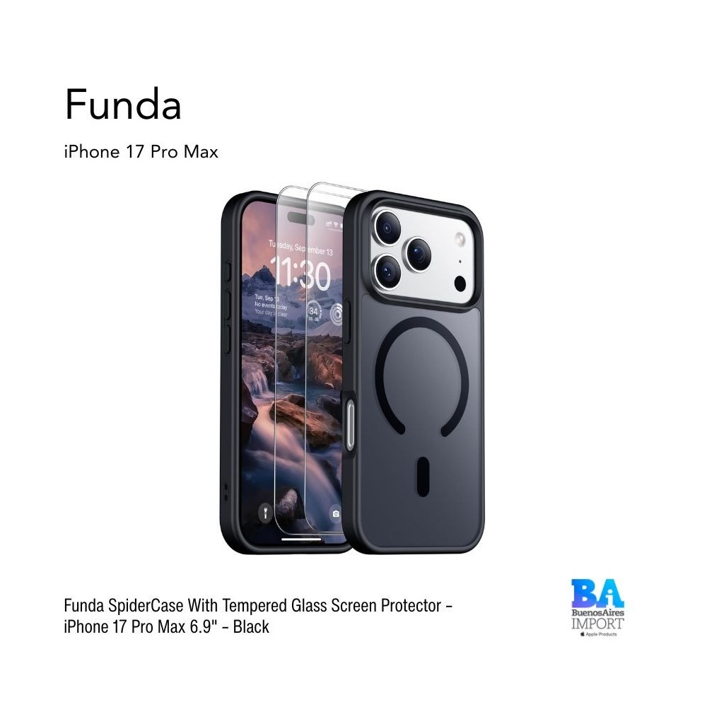 Funda SpiderCase With Tempered Glass Screen Protector – iPhone 17 Pro Max 6.9" – Black