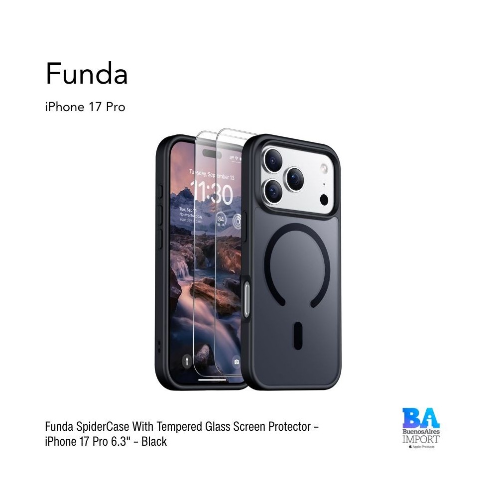 Funda SpiderCase With Tempered Glass Screen Protector – iPhone 17 Pro 6.3" – Black