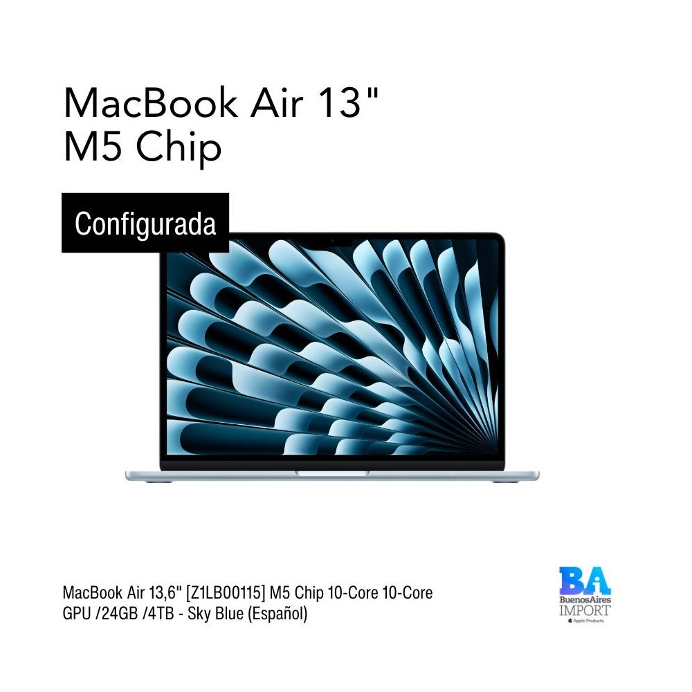 MacBook Air 13,6" [Z1LB00115] M5 Chip 10-Core 10-Core GPU /24GB /4TB - Sky Blue (Español)