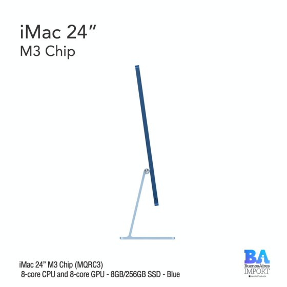 iMac 24" M3 Chip (MQRC3) with 8-core CPU and 8-core GPU - 8GB/256GB SSD - Blue