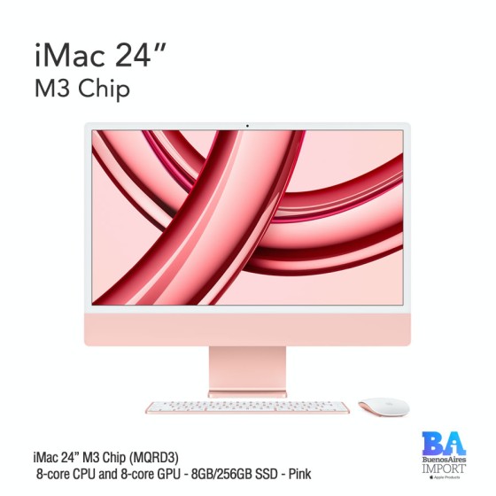 iMac 24" M3 Chip (MQRD3) with 8-core CPU and 8-core GPU - 8GB/256GB SSD - Pink