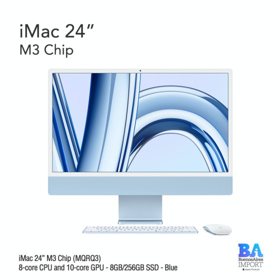 iMac 24" M3 Chip (MQRQ3) with 8-core CPU and 10-core GPU - 8GB/256GB SSD - Blue