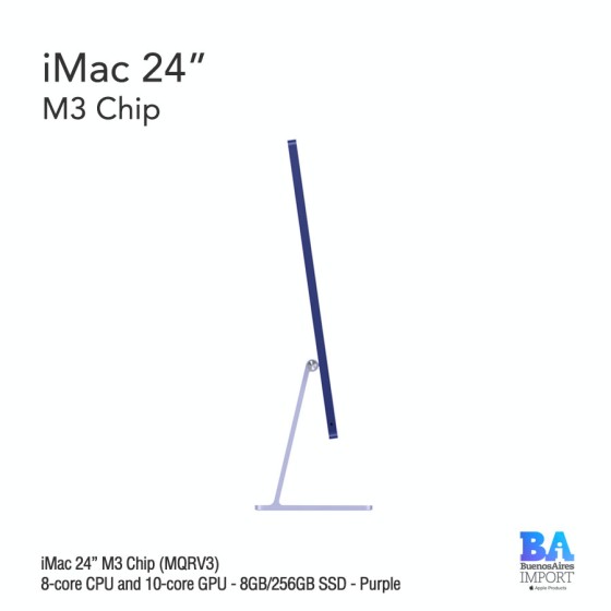iMac 24" M3 Chip (MQRV3) with 8-core CPU and 10-core GPU - 8GB/256GB SSD - Purple