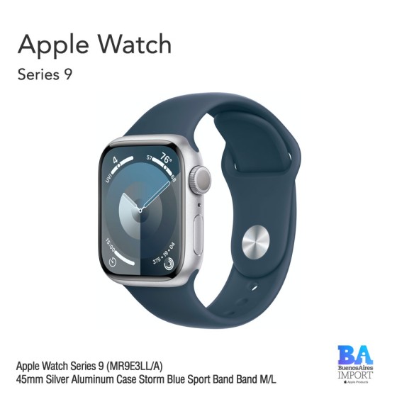 Apple Watch Series 9 (MR9E3LL/A) 45mm Silver Aluminum Case Storm Blue Sport...