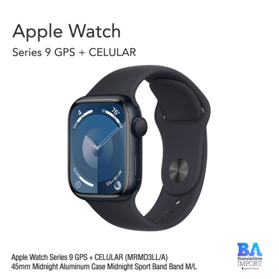 Apple Watch Series 9 GPS + CELULAR (MRMD3LL/A) 45mm Midnight Aluminum Case...