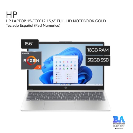 HP LAPTOP 15-FC0012 15,6” FULL HD NOTEBOOK GOLD Teclado Español (Pad Numerico)