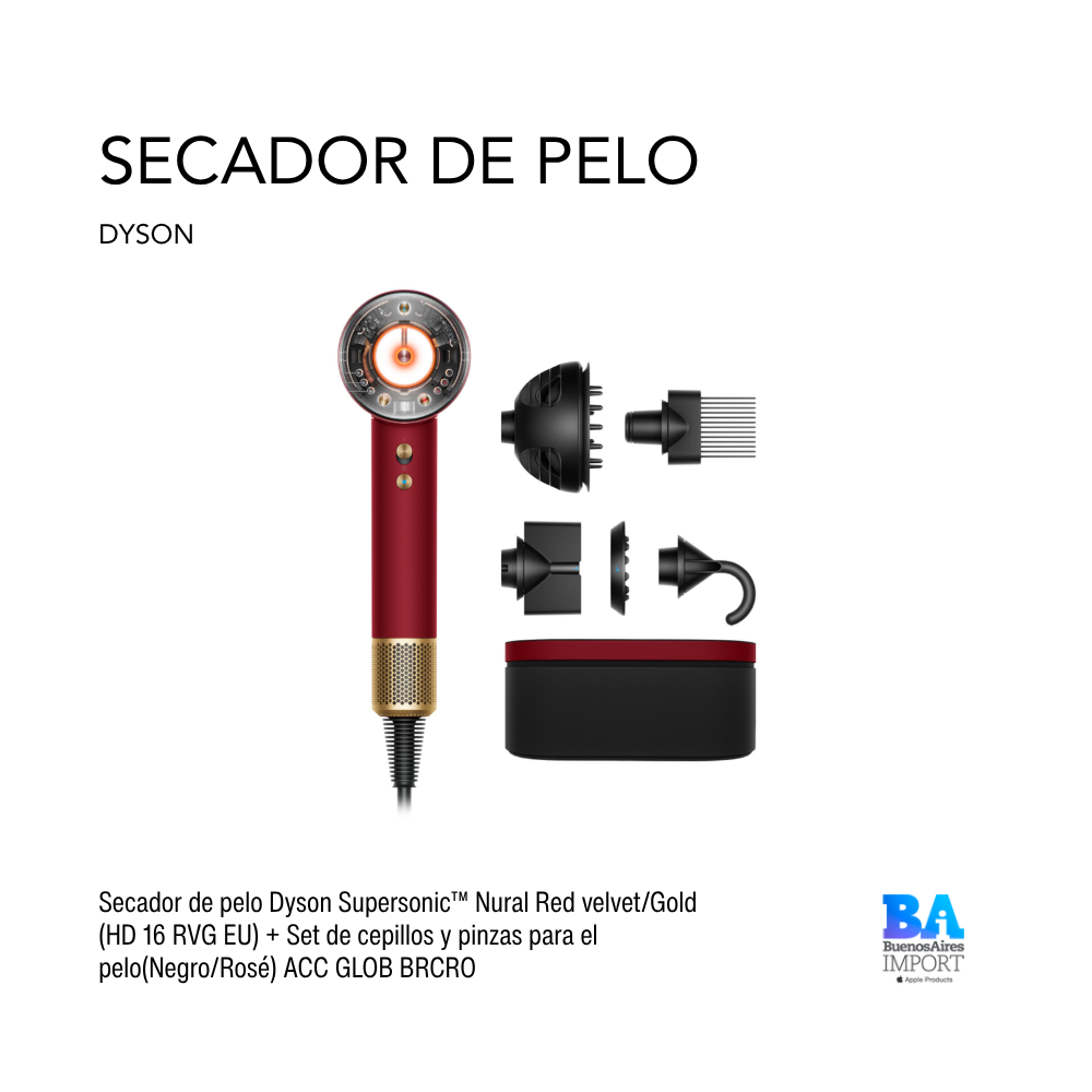 Secador de pelo Dyson Supersonic™ Nural Red velvet/Gold (HD 16 RVG EU) + Set de cepillos y pinzas