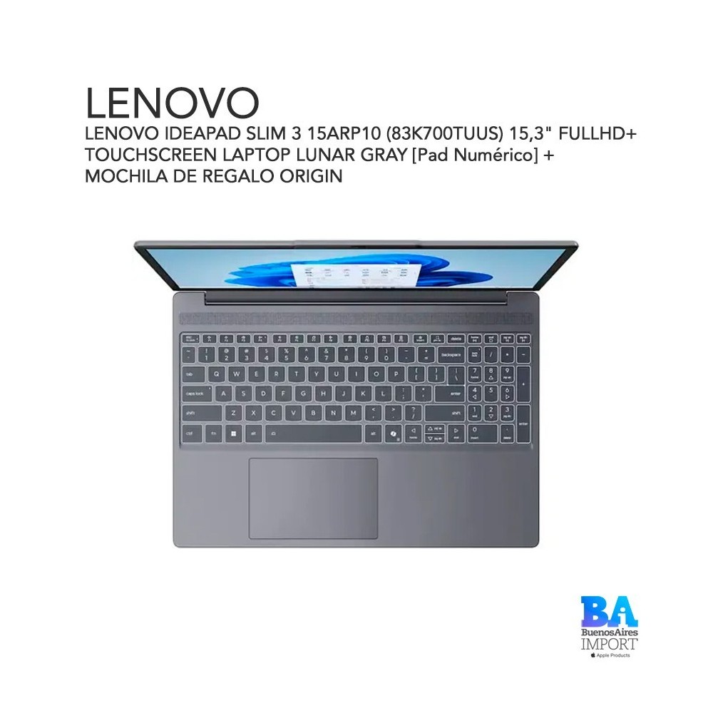 LENOVO IDEAPAD SLIM 3 15ARP10 (83K700TUUS) 15,3" FULLHD+ TOUCHSCREEN LAPTOP LUNAR GRAY [Pad Numérico] + MOCHILA DE REGALO ORIGIN