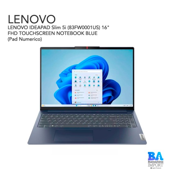 LENOVO IDEAPAD Slim 5i (83FW0001US) 16" FHD TOUCHSCREEN NOTEBOOK BLUE (Pad...