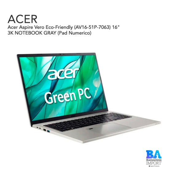 Acer Aspire Vero Eco-Friendly (AV16-51P-7063) 16" 3K NOTEBOOK GRAY (Pad...