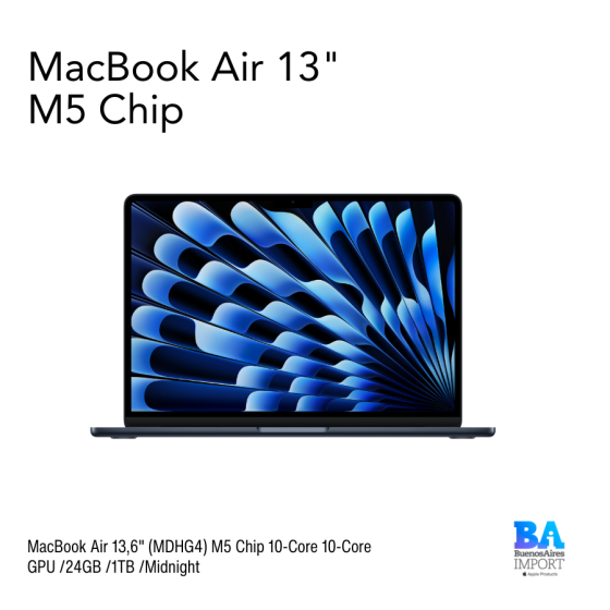 MacBook Air 13,6" (MDHG4) M5 Chip 10-Core 10-Core GPU /24GB /1TB /Midnight